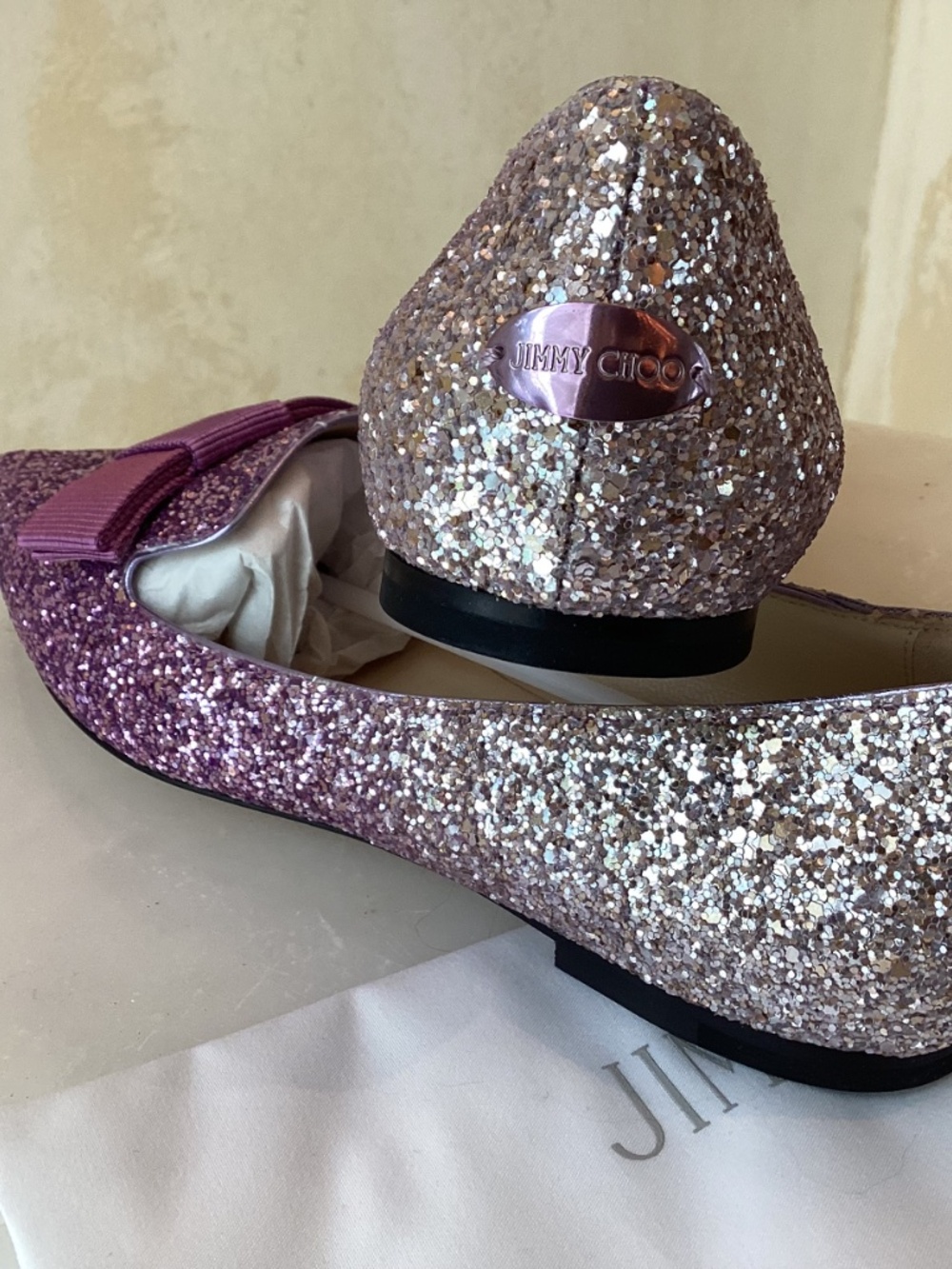 JIMMY CHOO PINK VIOLET SHOE - CHAMPAGNE PINK VIOLET GLITTER FLAT - SIZE 7 / EU - Picture 2 of 9